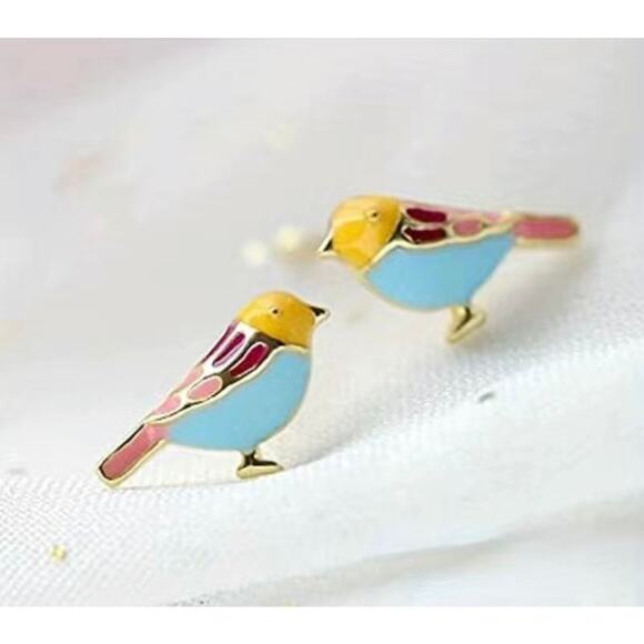 Tiny Bird Earrings Enamel Painted Pastel Colors Dainty - Picture 2 of 6